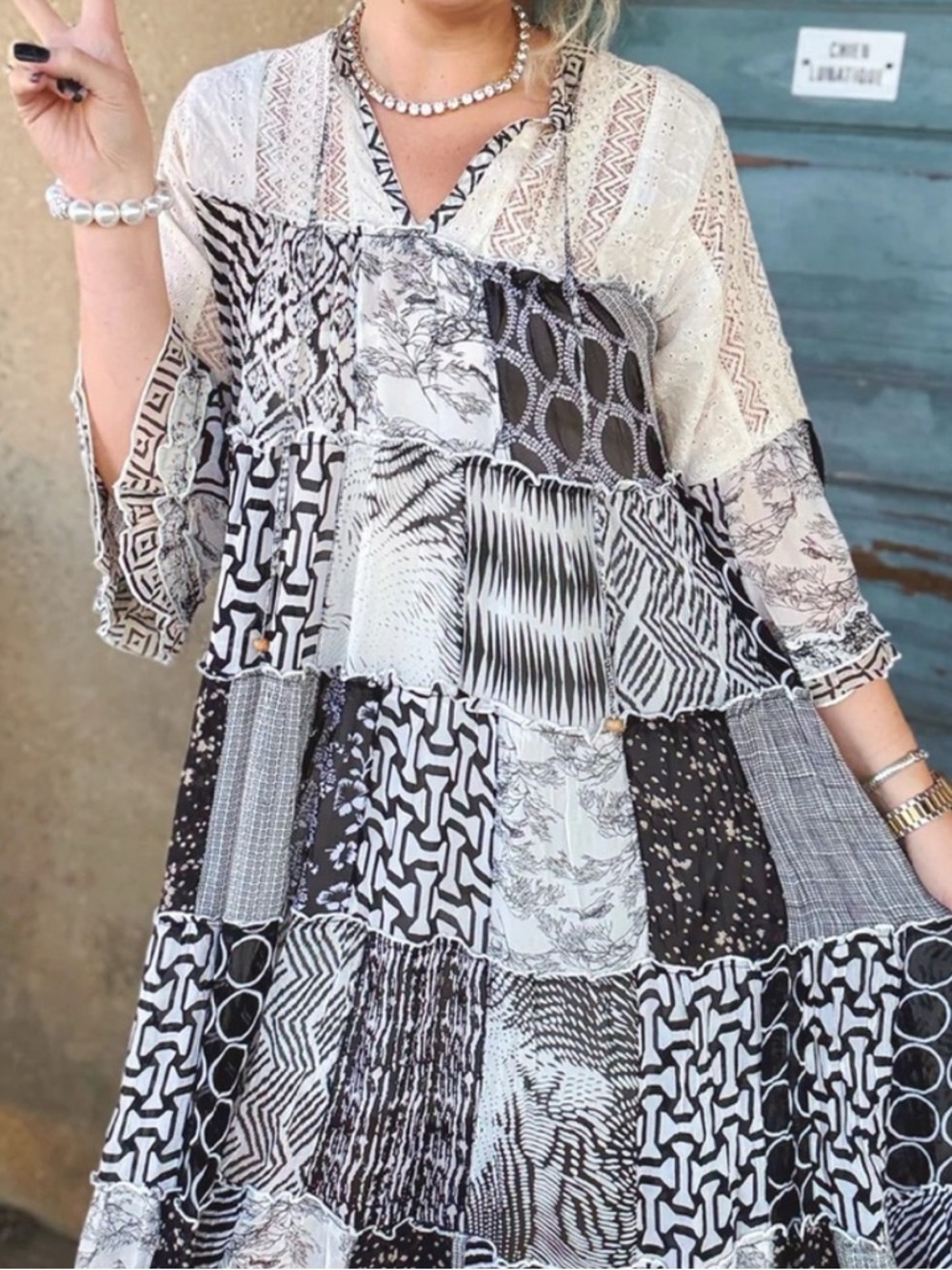 Young Threads Black & White Patchwork Maxi Dress — Boho Tiered Style - Picture 4 of 5